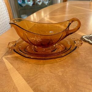 vintage Cambridge Amber gravy boat and under dish .